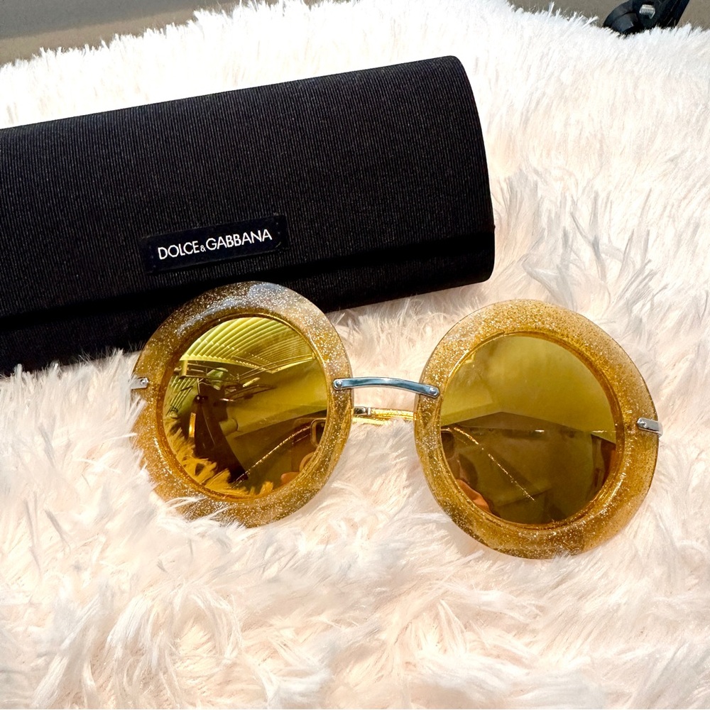 Dolce & Gabbana DG Round Gold Yellow Glitter Sunglasses Sunnies Shades Authentic